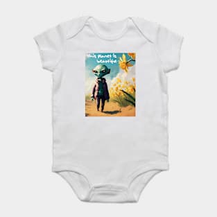 Alien walking through a vast field of yellow daffodils 3 Baby Bodysuit